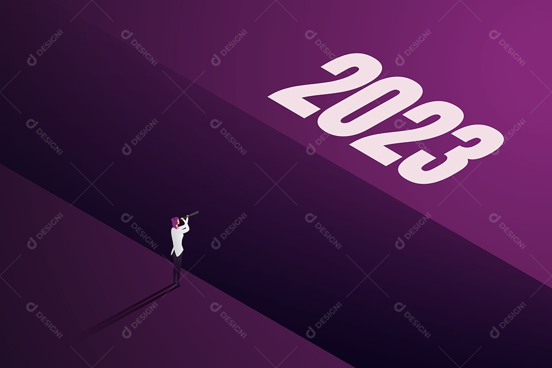 Mulher de Negócios Usando Binóculos Em Pé à Beira da Lacuna para Alcançar a Meta 2023 Vetor EPS