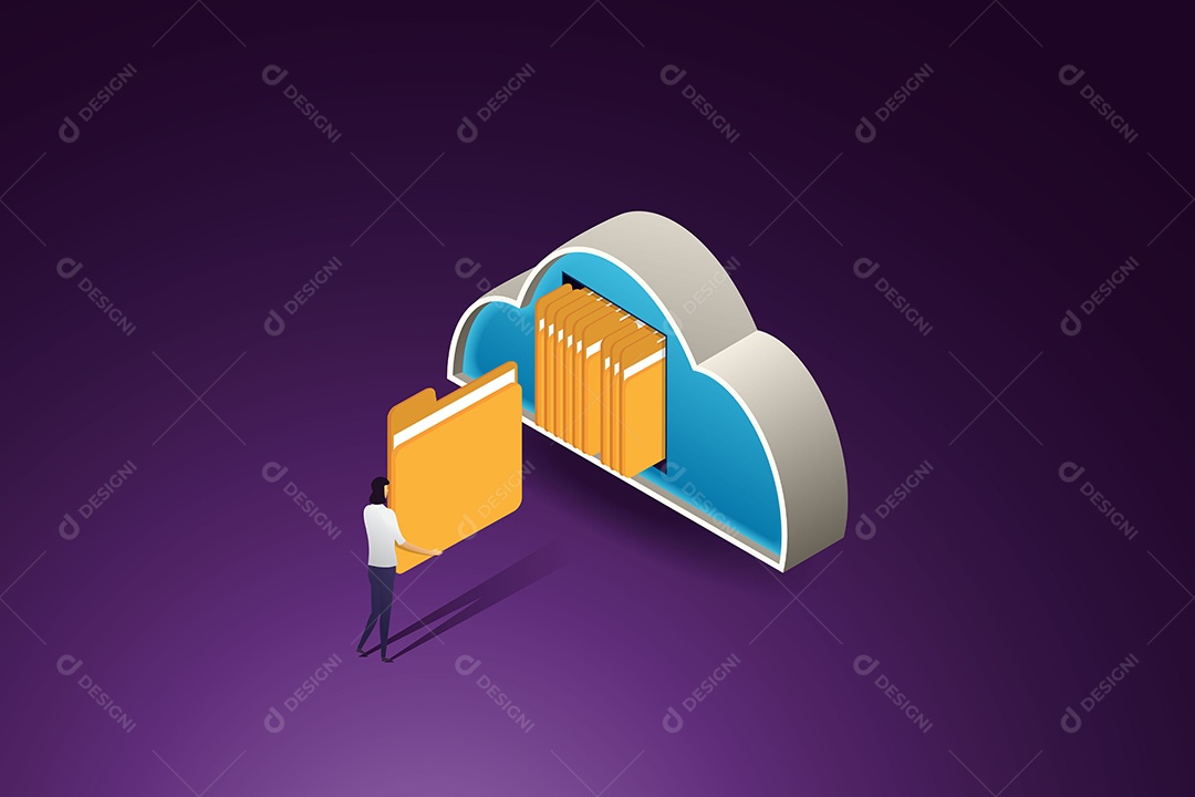 Mulher Usuária Traz Pasta de Armazenamento Em Nuvem Vetor EPS
