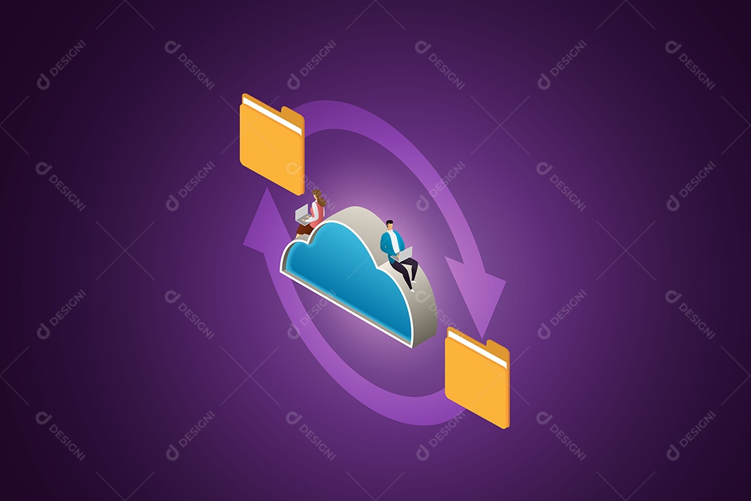 Transferência de Arquivos Em Nuvem Entre Usuários de Laptop Vetor EPS