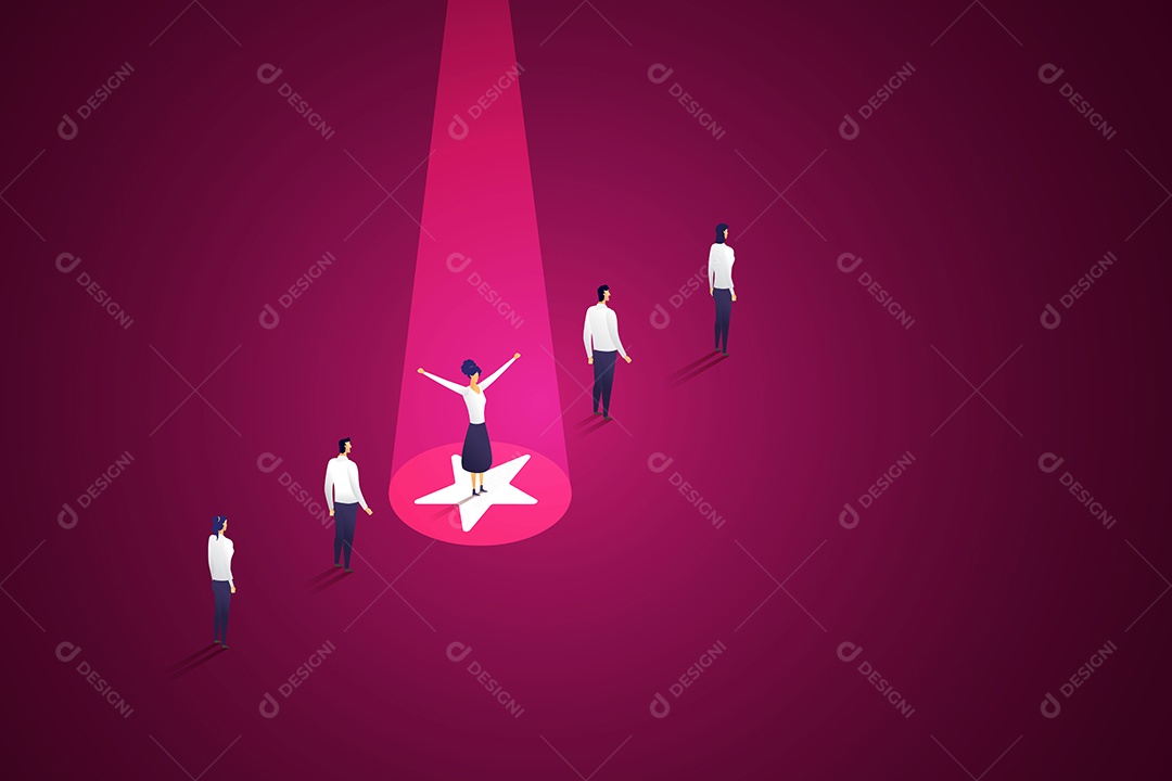 Empresária Feliz Fica Em Uma Enorme Estrela Com Holofotes Brilhando Sobre Ela Vetor EPS