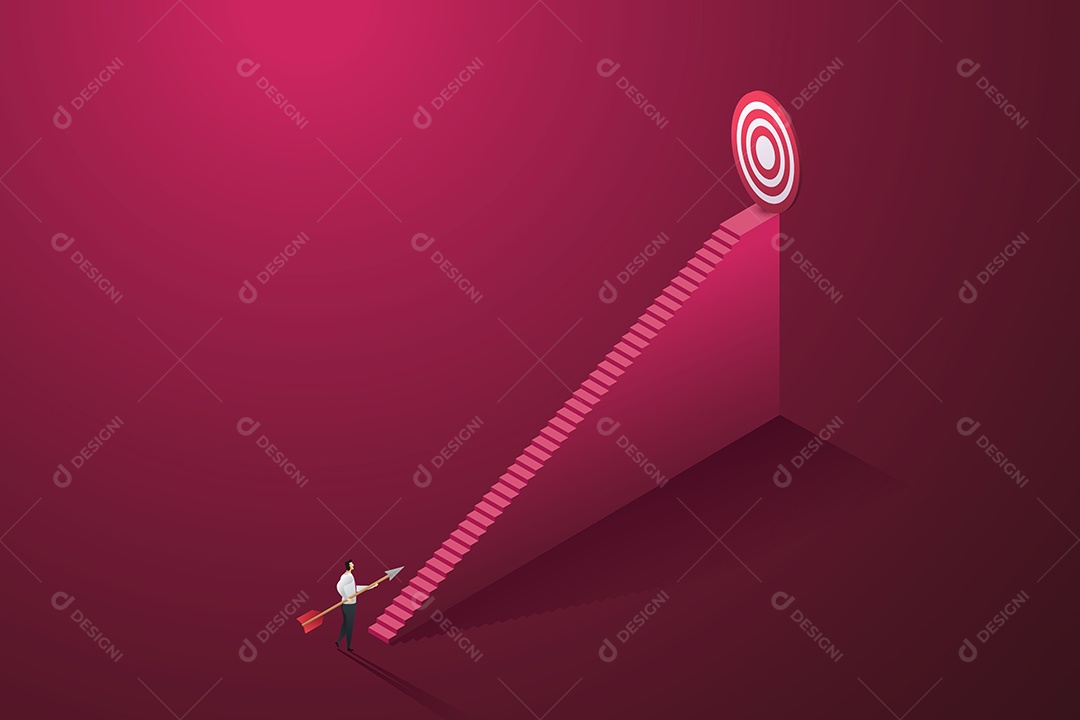 Empresário Segurando Uma Flecha Olhando para as Escadas Que Levam Ao Seu Objetivo Vetor EPS