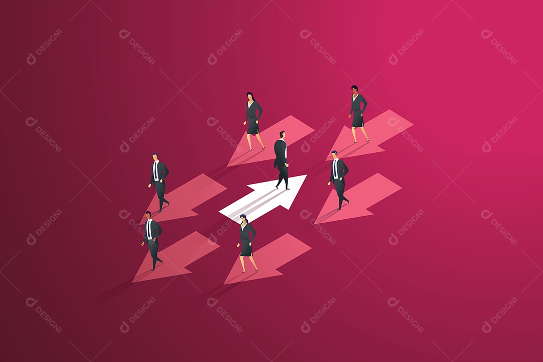 Empresário Caminhando Seta Andando na Direção Oposta Ao Grupo de Empresários Vetor EPS