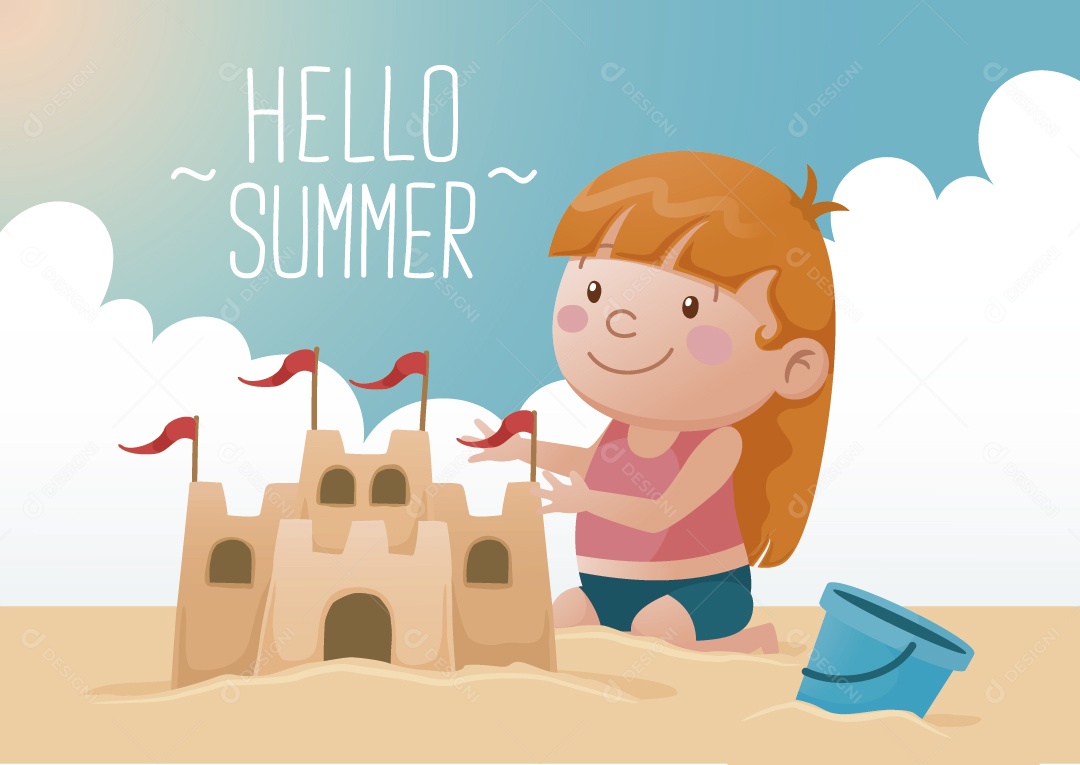 Criança Brincando com Castelo de Areia Ilustração Vetor EPS