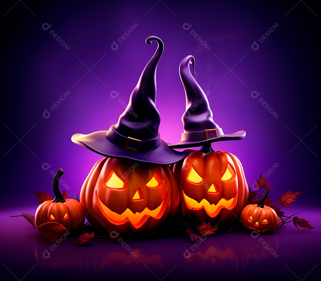 Abóboras de halloween e chapéu de bruxa em um fundo roxo