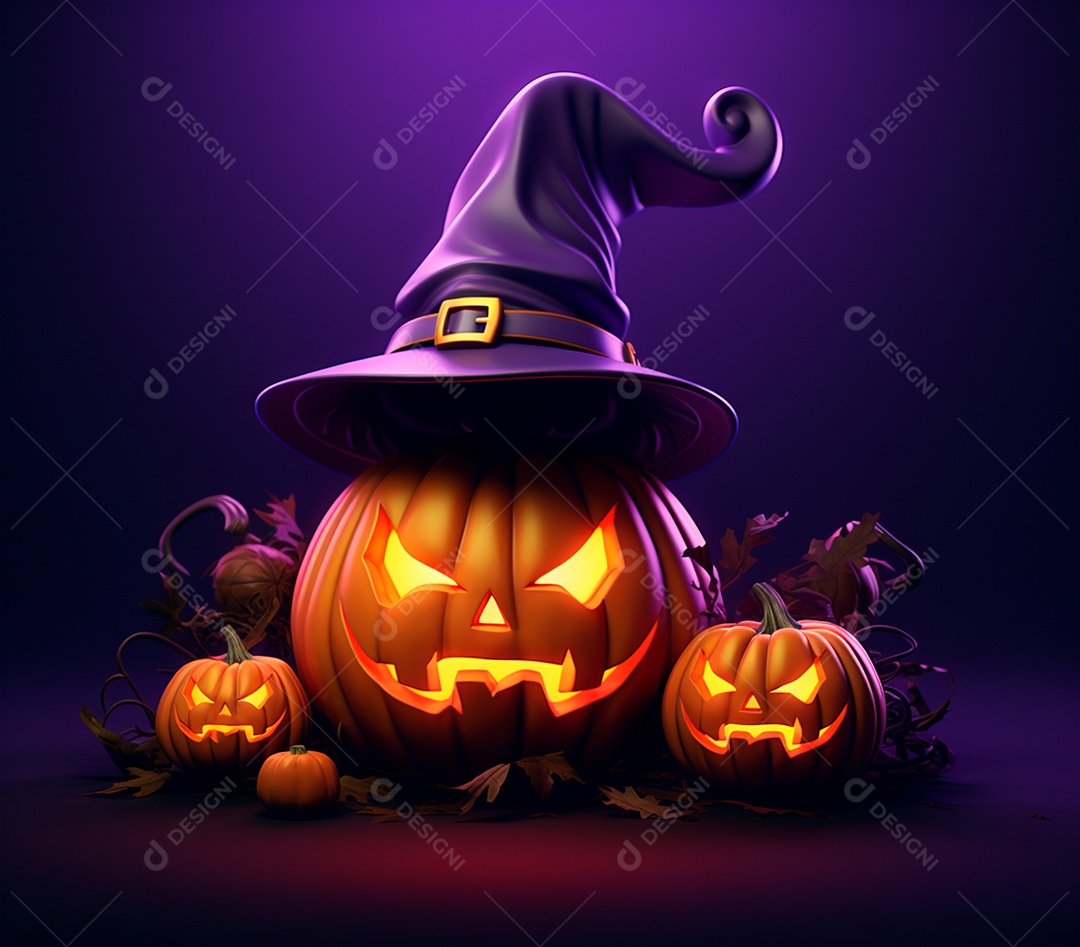 Abóboras de halloween e chapéu de bruxa em um fundo roxo