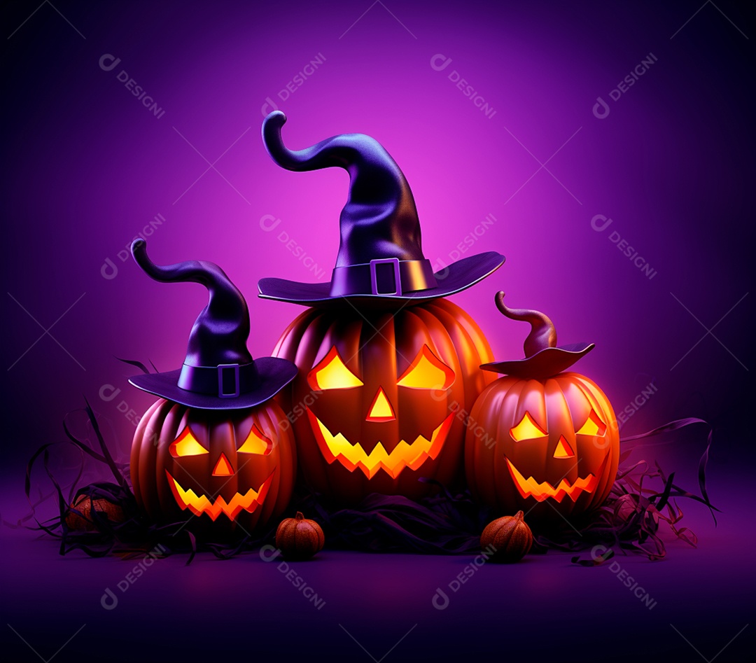 Abóboras de halloween e chapéu de bruxa em um fundo roxo