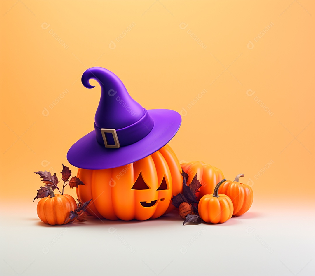 Abóboras de halloween e chapéu de bruxa em um fundo roxo