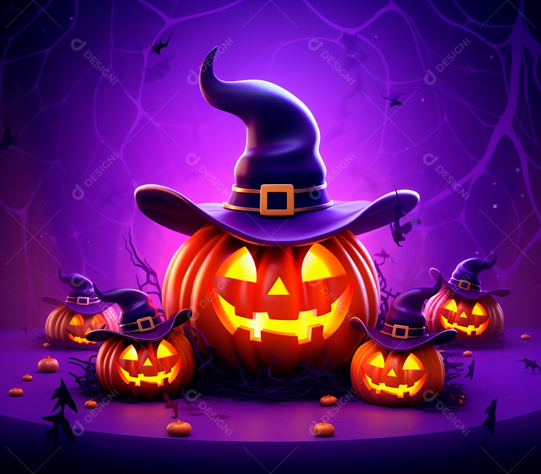 Abóboras de halloween e chapéu de bruxa em um fundo roxo