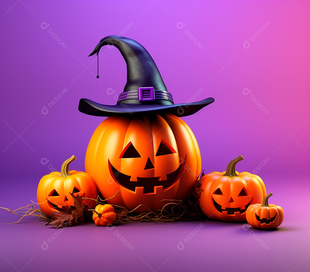 Abóboras de halloween e chapéu de bruxa em um fundo roxo