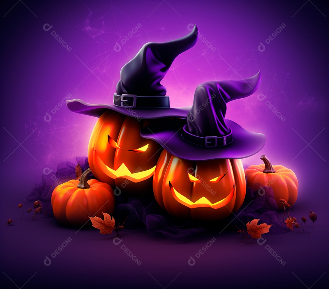 Abóboras de halloween e chapéu de bruxa em um fundo roxo