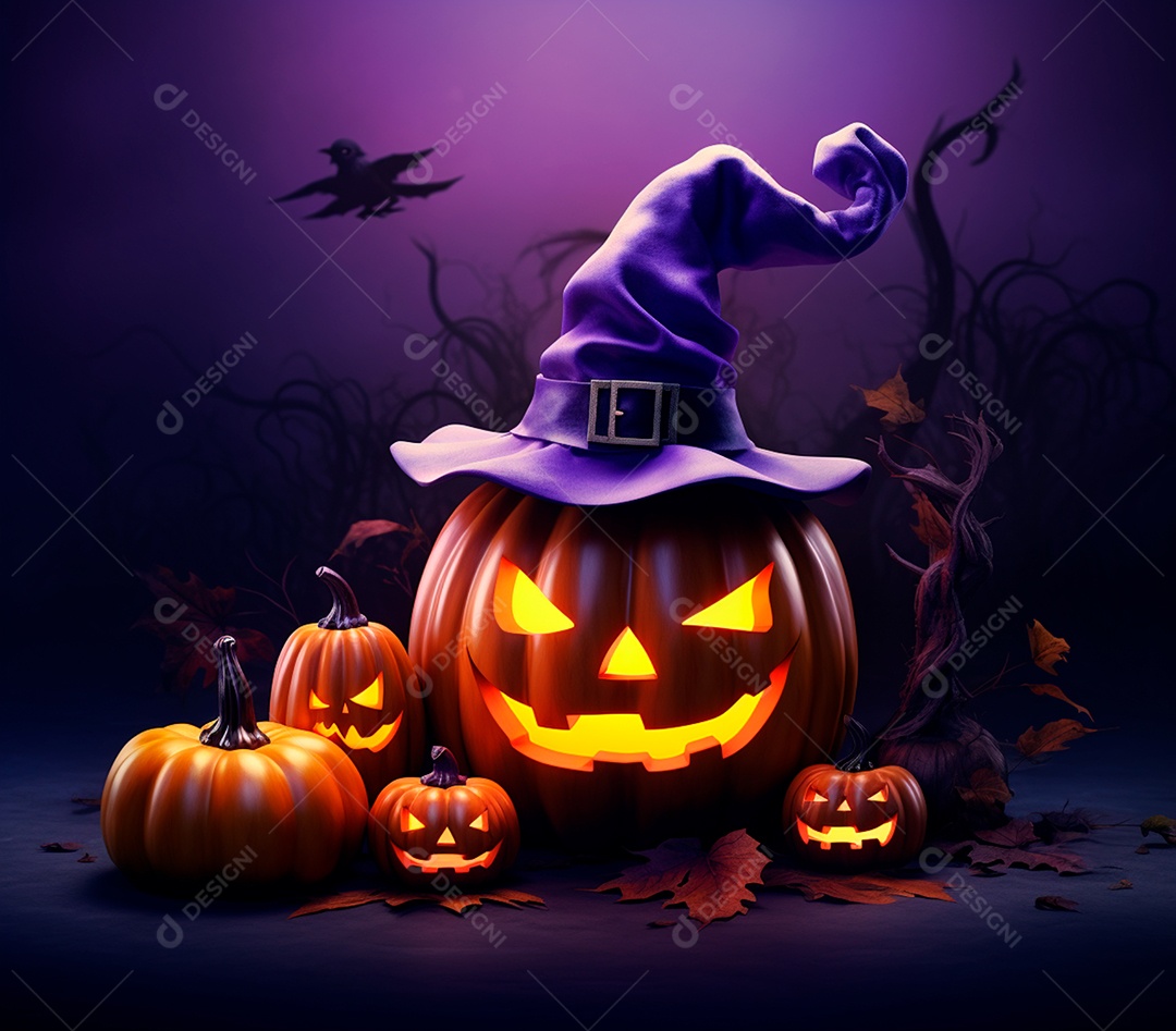Abóboras de halloween e chapéu de bruxa em um fundo roxo