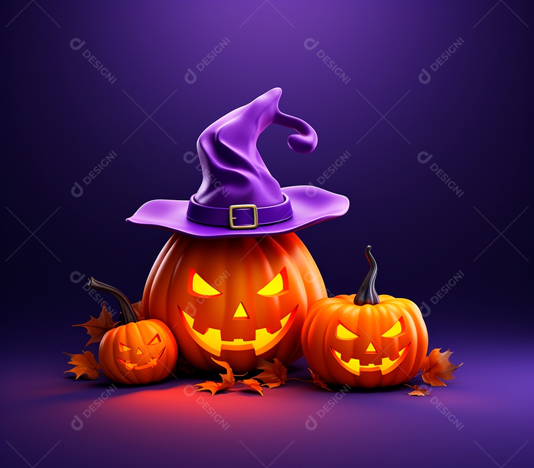 Abóboras de halloween e chapéu de bruxa em um fundo roxo