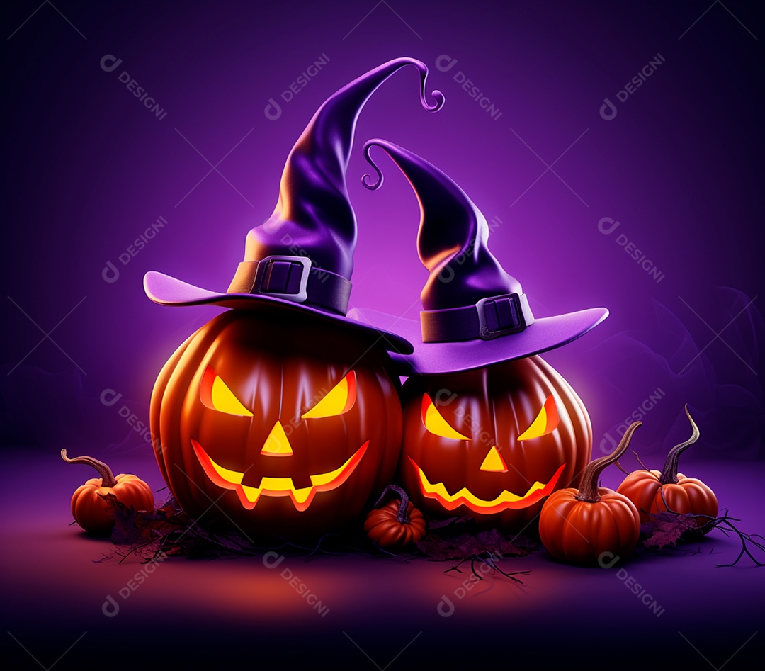 Abóboras de halloween e chapéu de bruxa em um fundo roxo