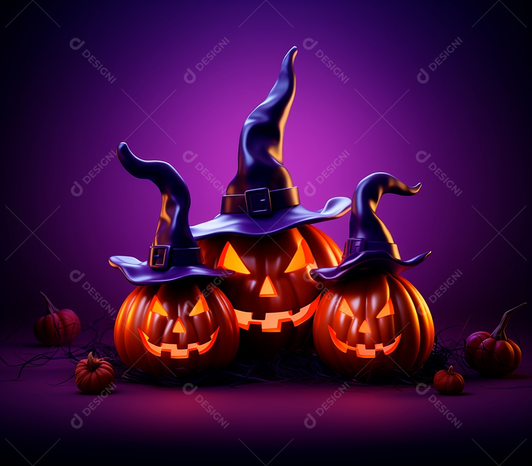 Abóboras de halloween e chapéu de bruxa em um fundo roxo