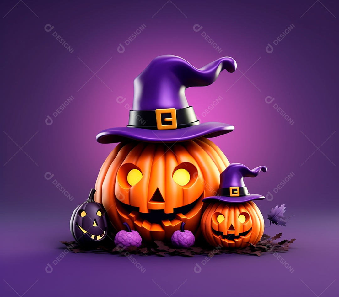 Abóboras de halloween e chapéu de bruxa em um fundo roxo
