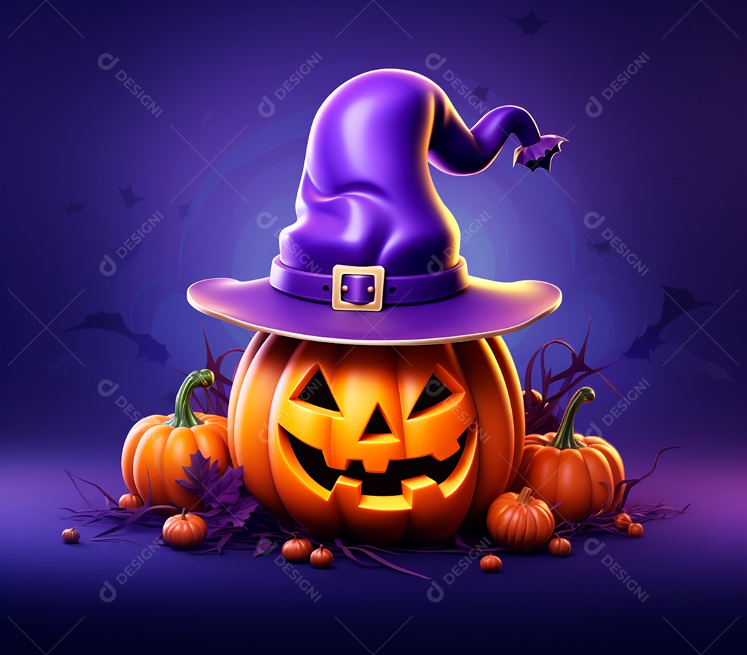 Abóboras de halloween e chapéu de bruxa em um fundo roxo