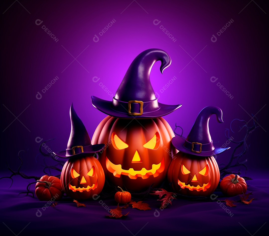 Abóboras de halloween e chapéu de bruxa em um fundo roxo