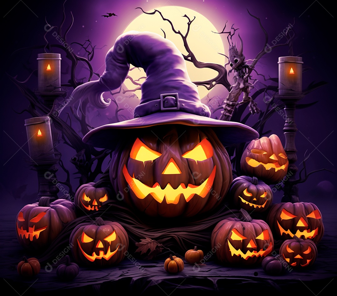 Abóboras de halloween e chapéu de bruxa em um fundo roxo
