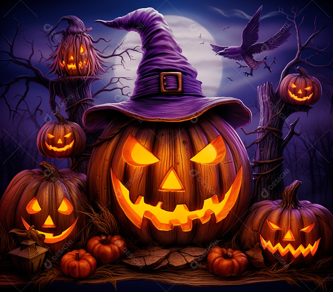 Abóboras de halloween e chapéu de bruxa em um fundo roxo