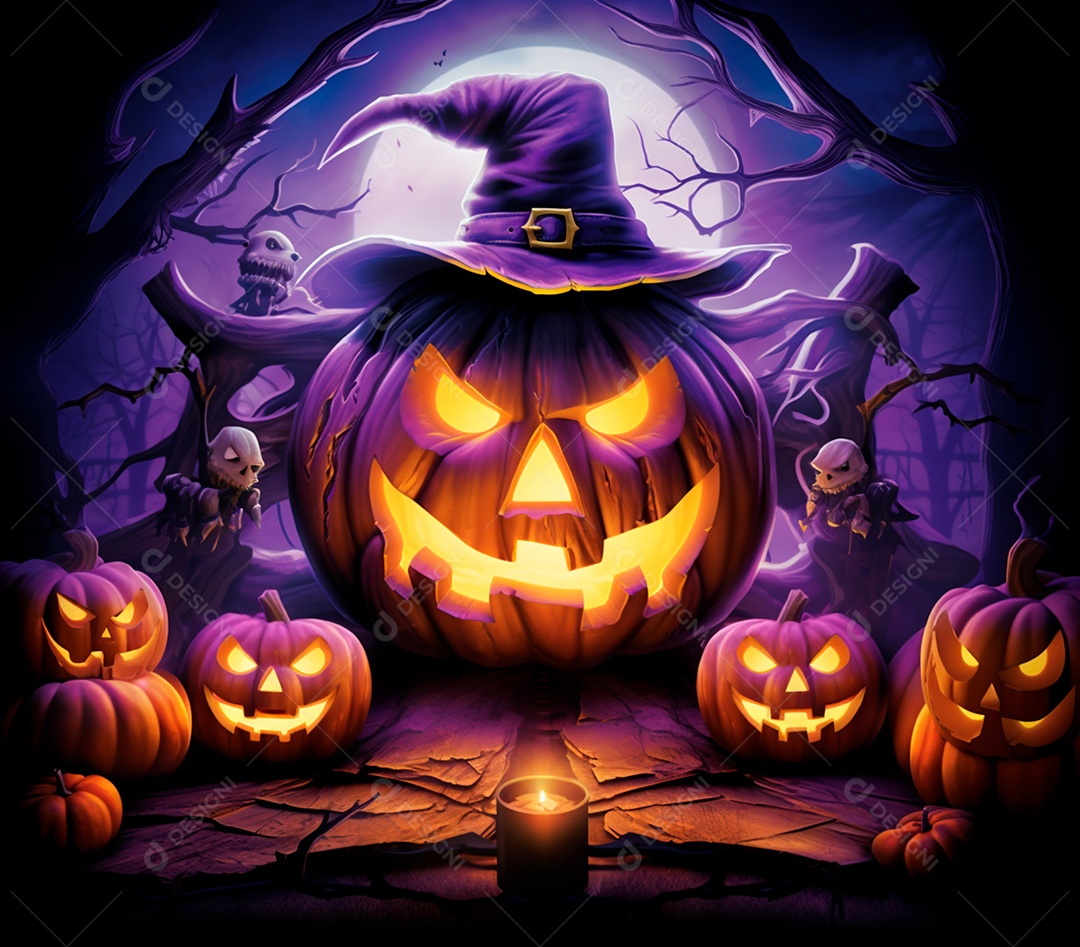 Abóboras de halloween e chapéu de bruxa em um fundo roxo