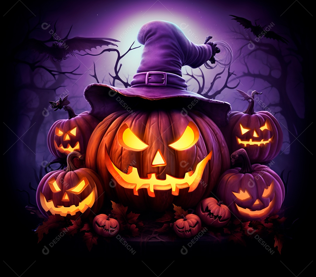 Abóboras de halloween e chapéu de bruxa em um fundo roxo