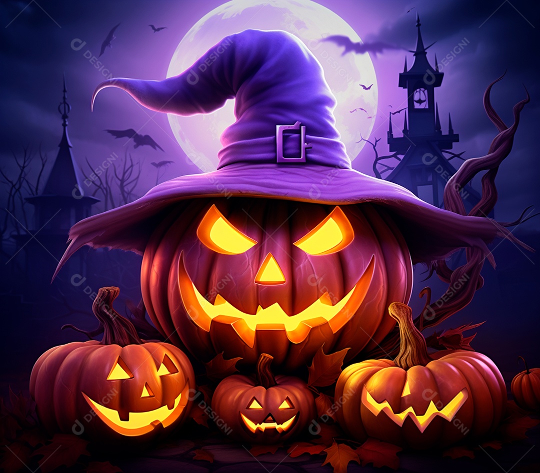 Abóboras de halloween e chapéu de bruxa em um fundo roxo