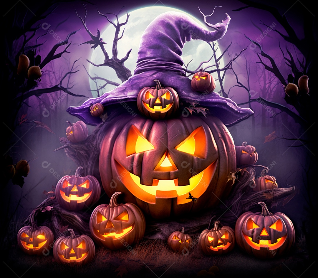 Abóboras de halloween e chapéu de bruxa em um fundo roxo