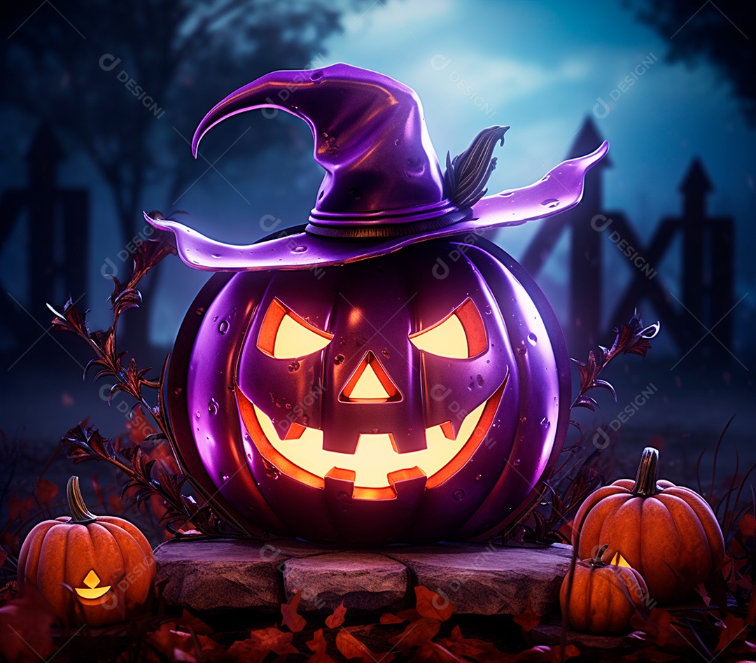 Abóboras de halloween e chapéu de bruxa em um fundo roxo