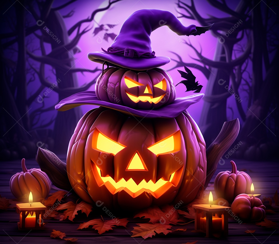 Abóboras de halloween e chapéu de bruxa em um fundo roxo