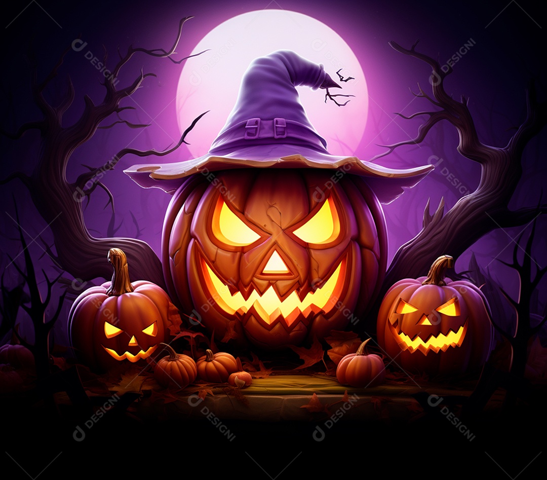 Abóboras de halloween e chapéu de bruxa em um fundo roxo