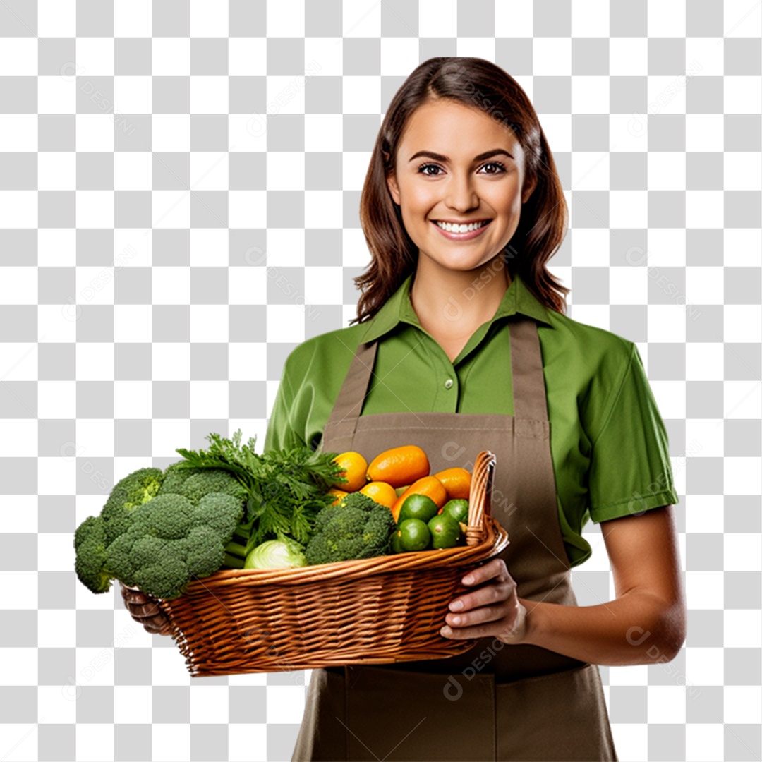 Mulher com Cesta Cheia de Vegetais PNG transparente