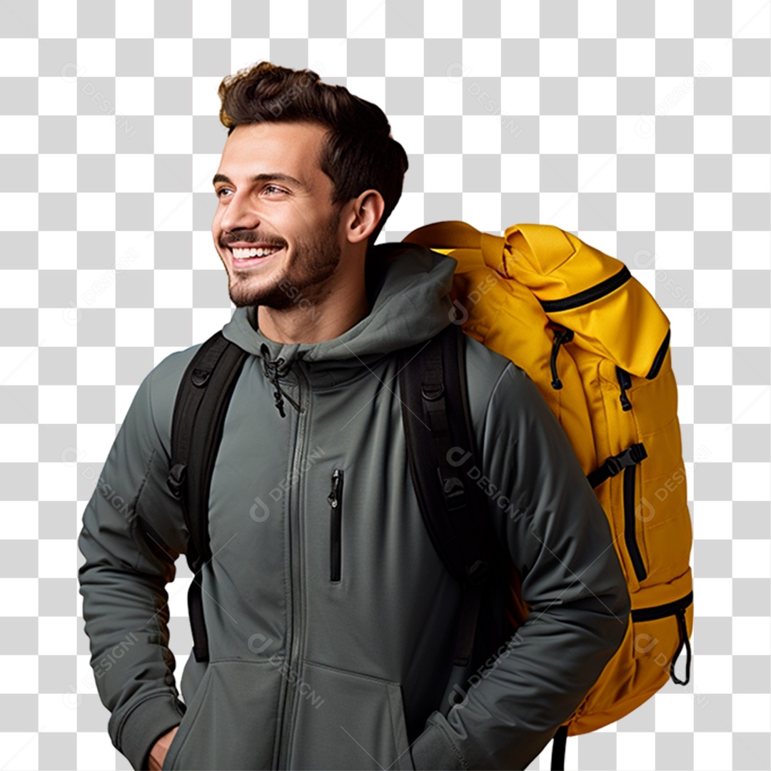 Homem com Mochilas Nas Costas Sorrindo PNG Transparente