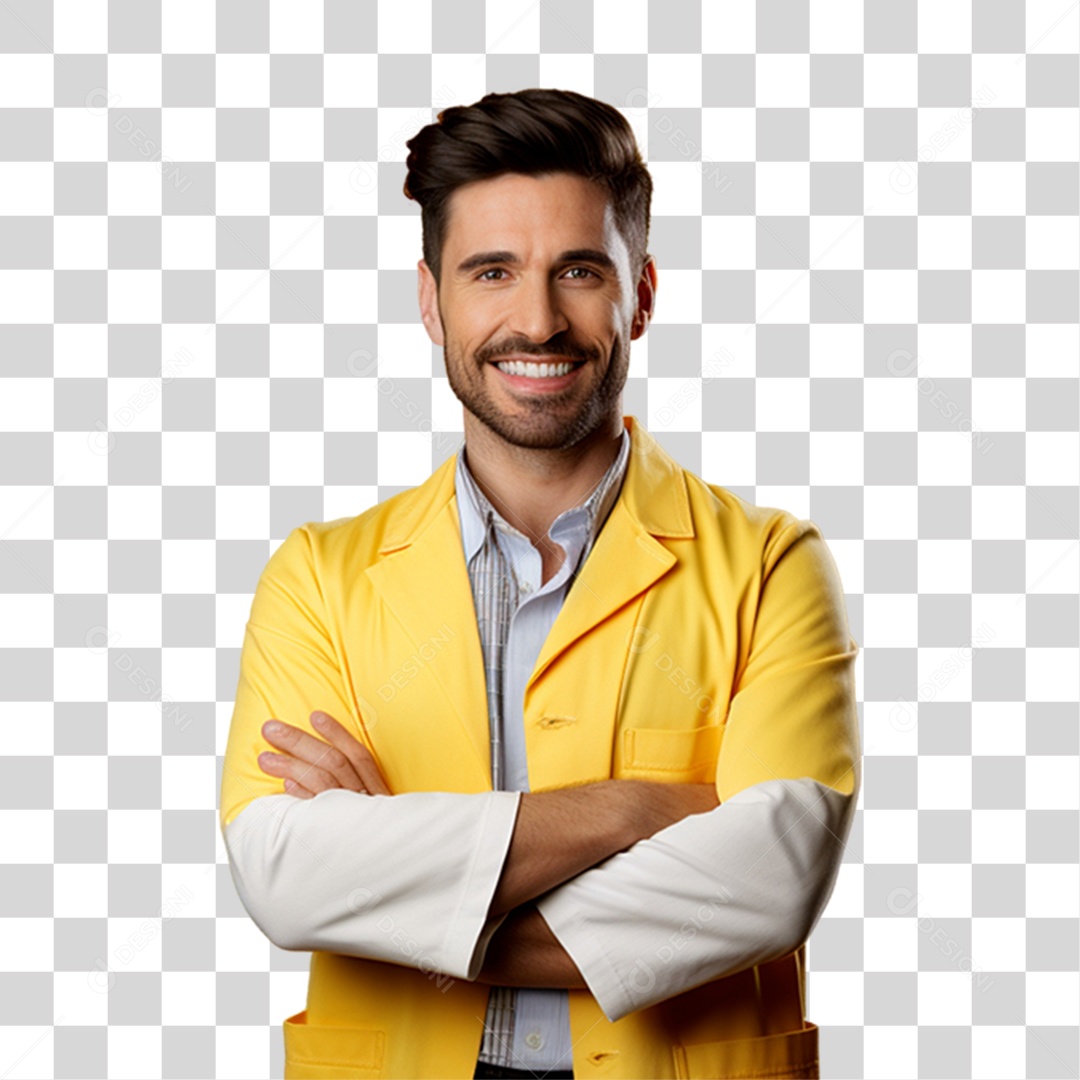 Homem de jaleco Amarelo Sorrindo PNG Transparente