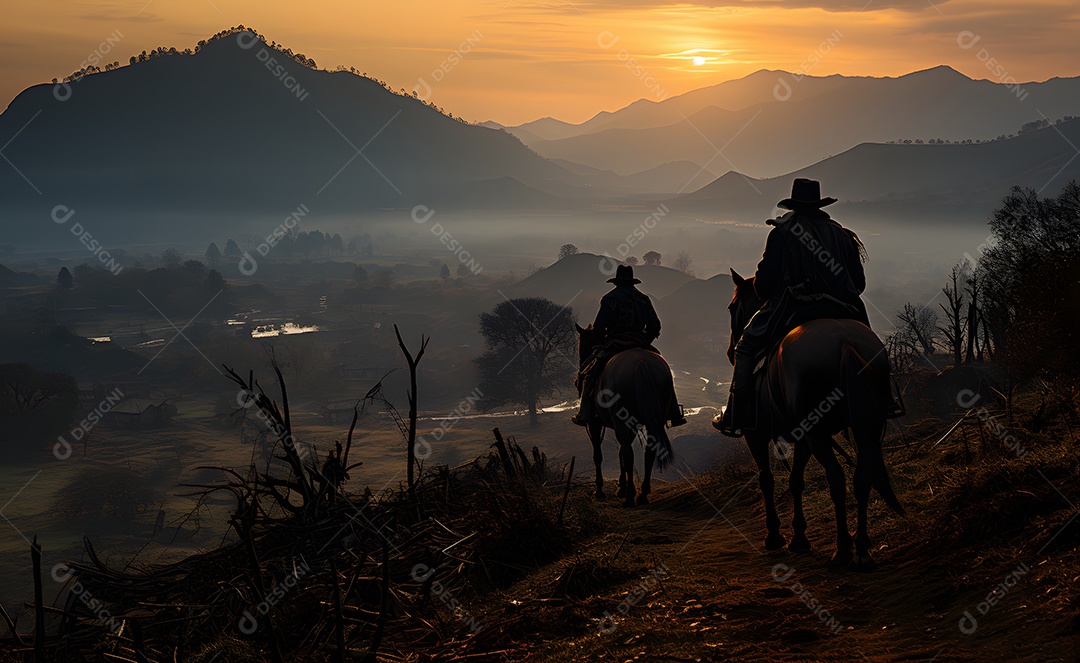 Homens andando á cavalo sobre o campo