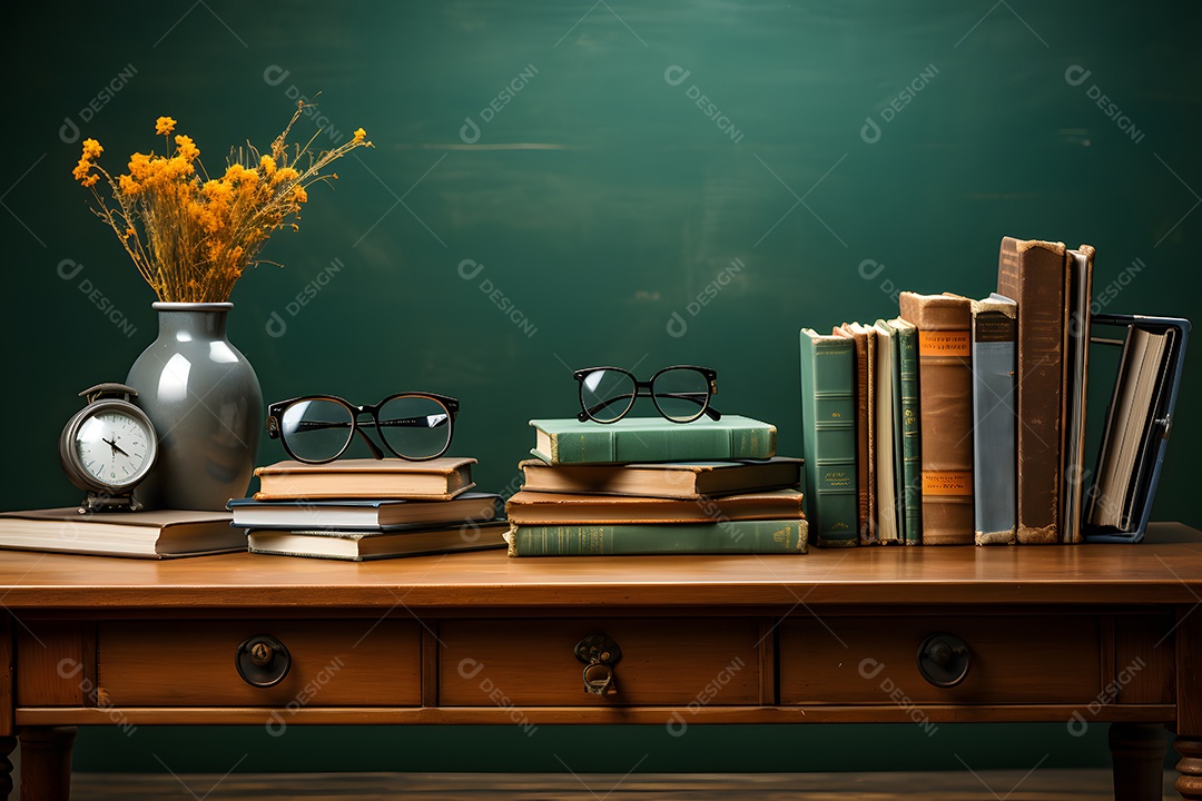 Mesa e materiais de uma professora