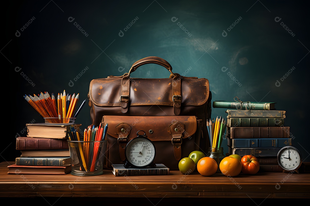 Mesa e materiais de uma professora