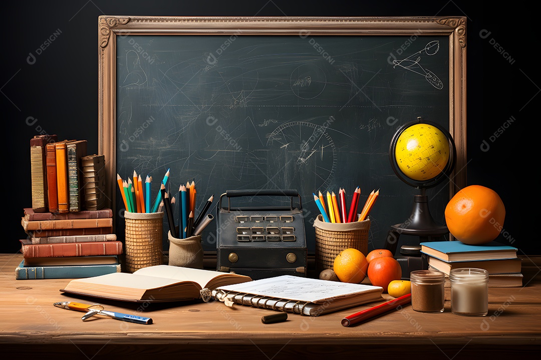 Mesa e materiais de uma professora