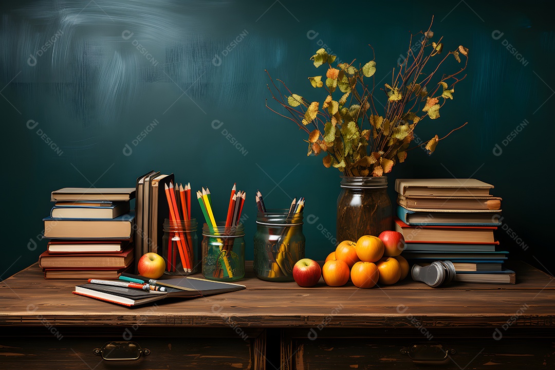 Mesa e materiais de uma professora