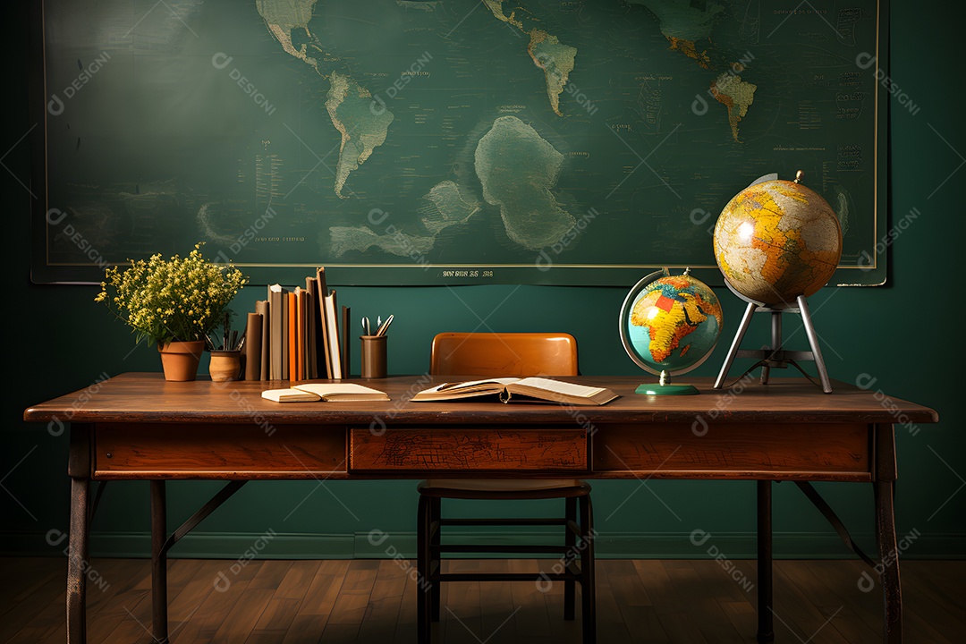 Mesa e materiais de uma professora