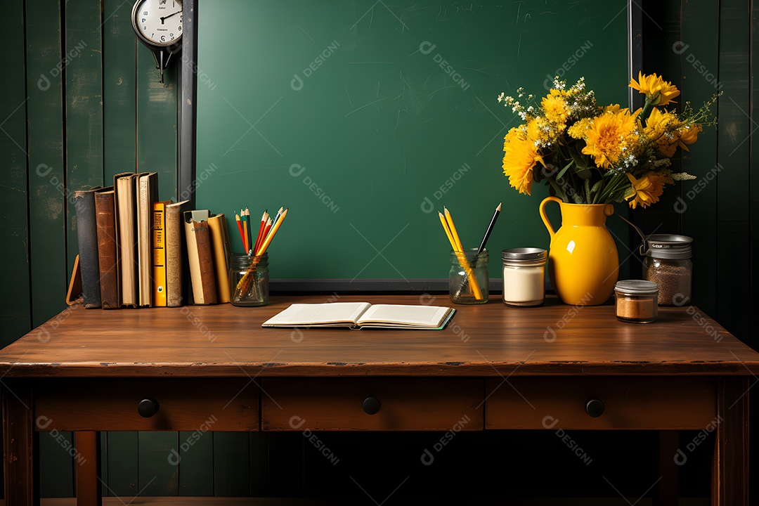 Mesa e materiais de uma professora