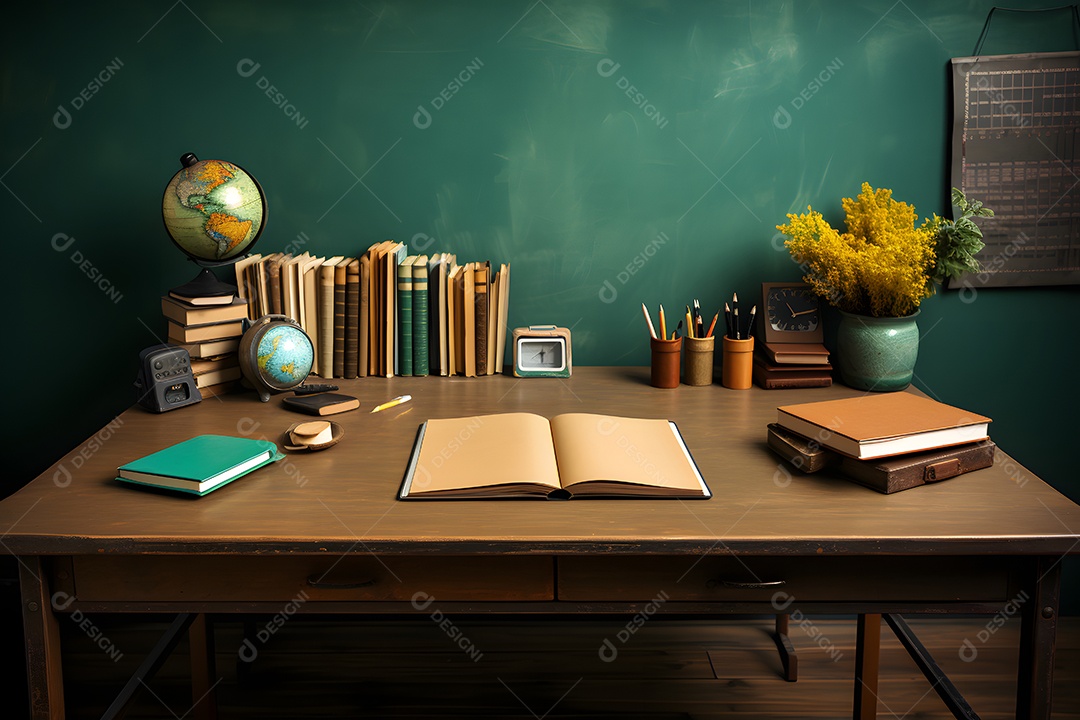 Mesa e materiais de uma professora