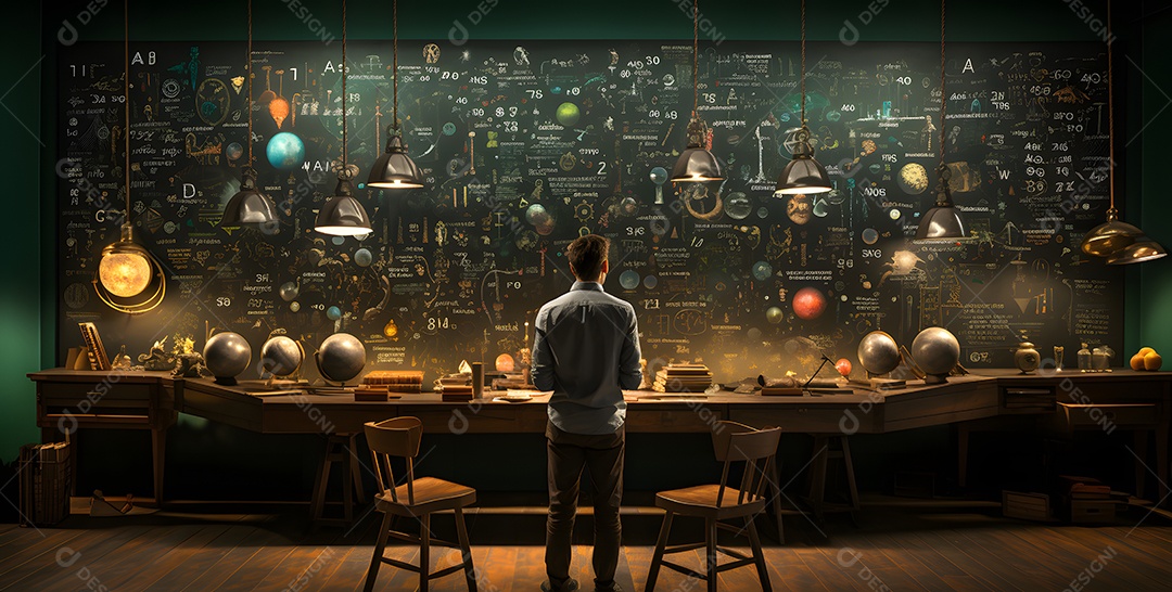 Homem professor olhando para anotações do quadro