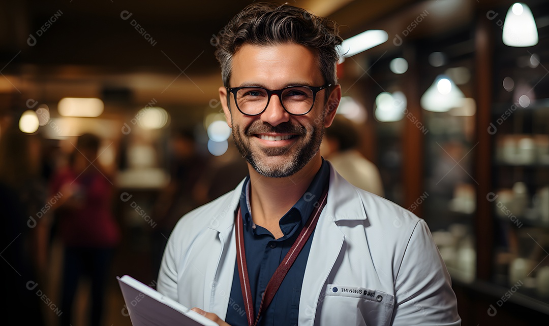 Homem professor de jaleco branco na escola