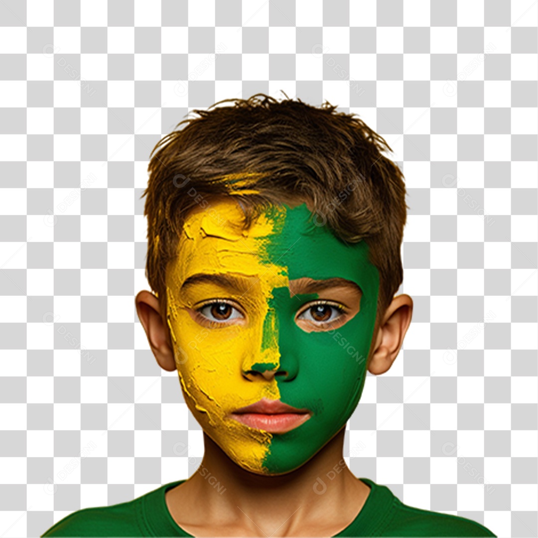 Garoto com Rosto Pintado de Verde e Amarelo PNG Transparente