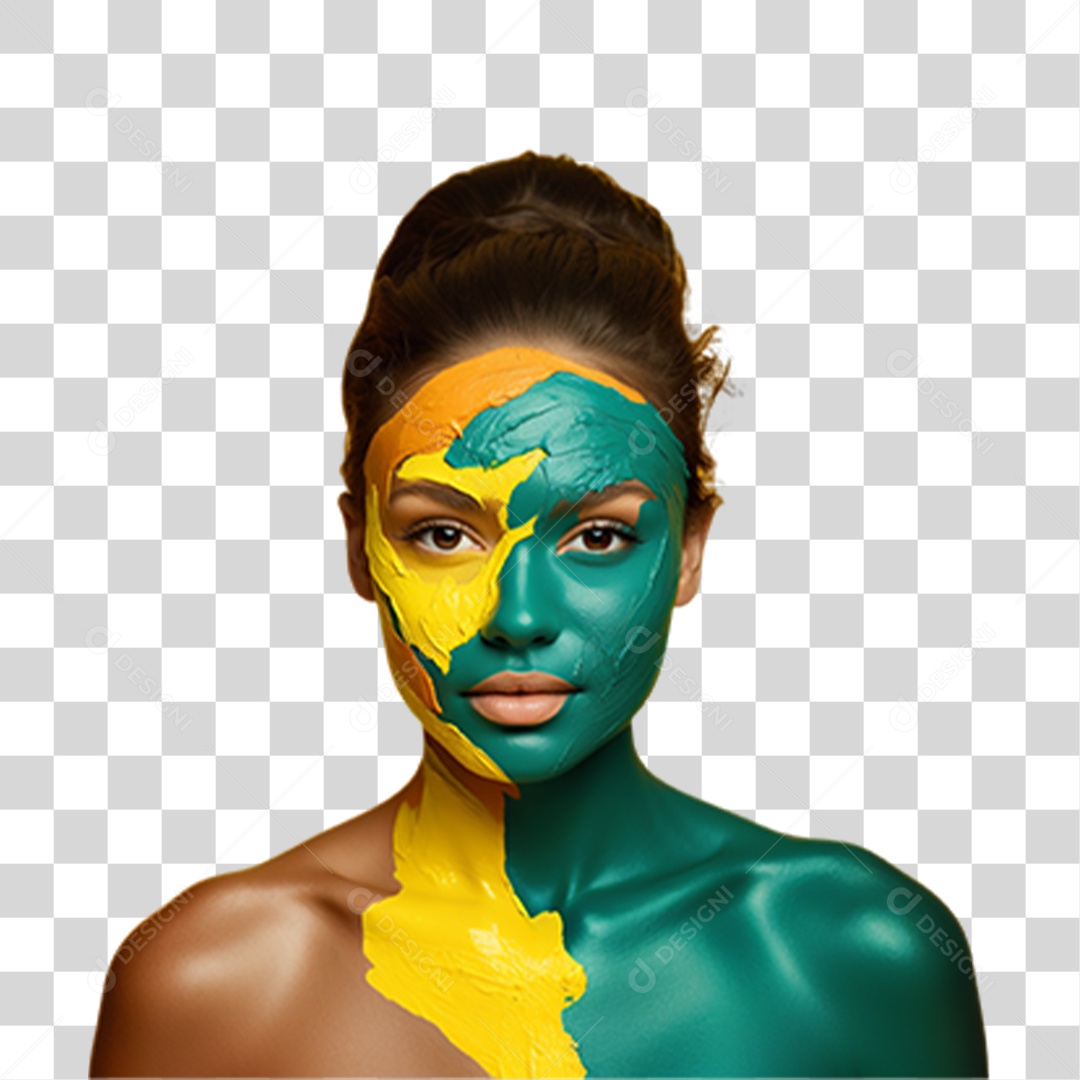 Mulher com o Rosto Pintado com Cores da Bandeira do Brasil PNG Transparente