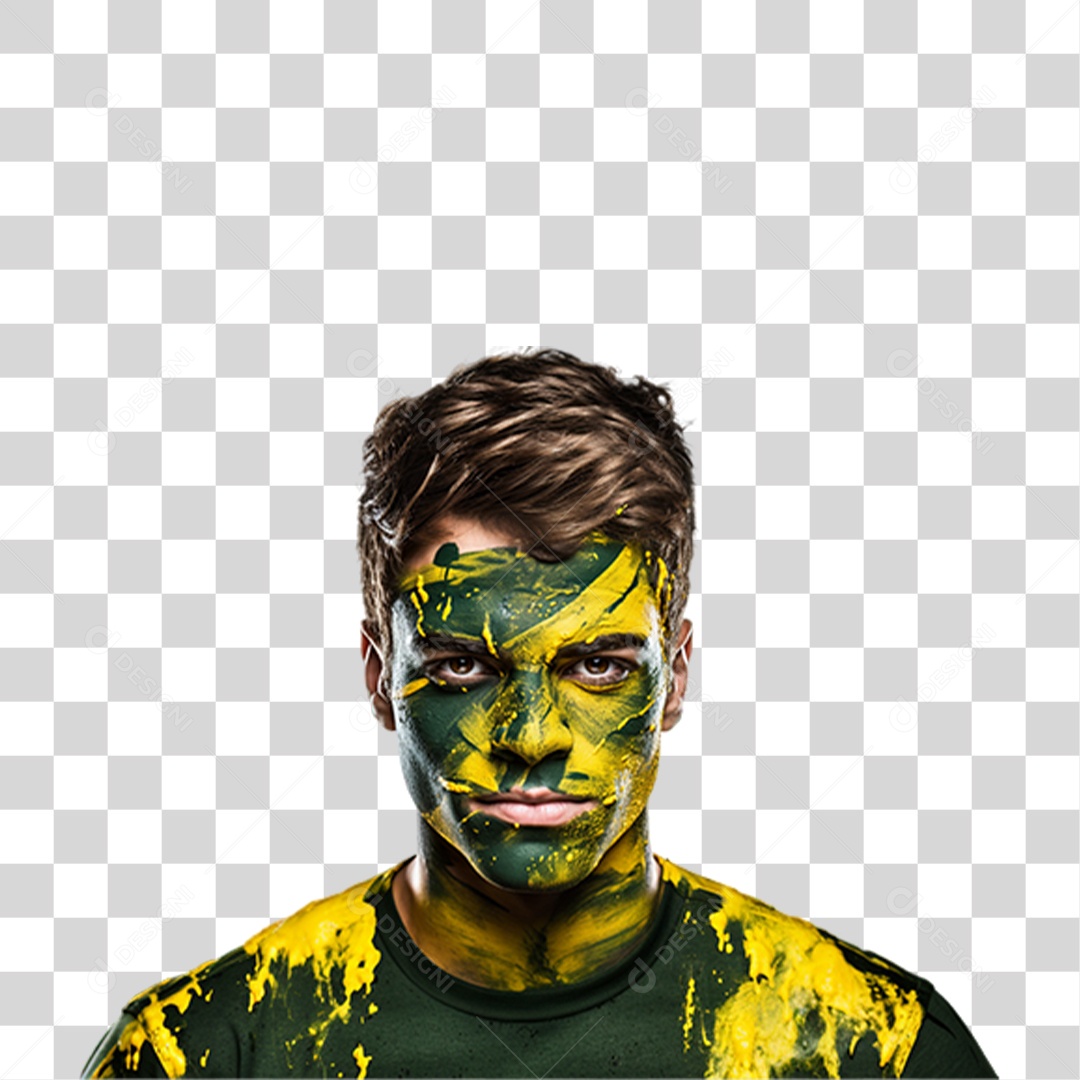 Homem com o Rosto Pintado com Cores da Bandeira do Brasil PNG Transparente