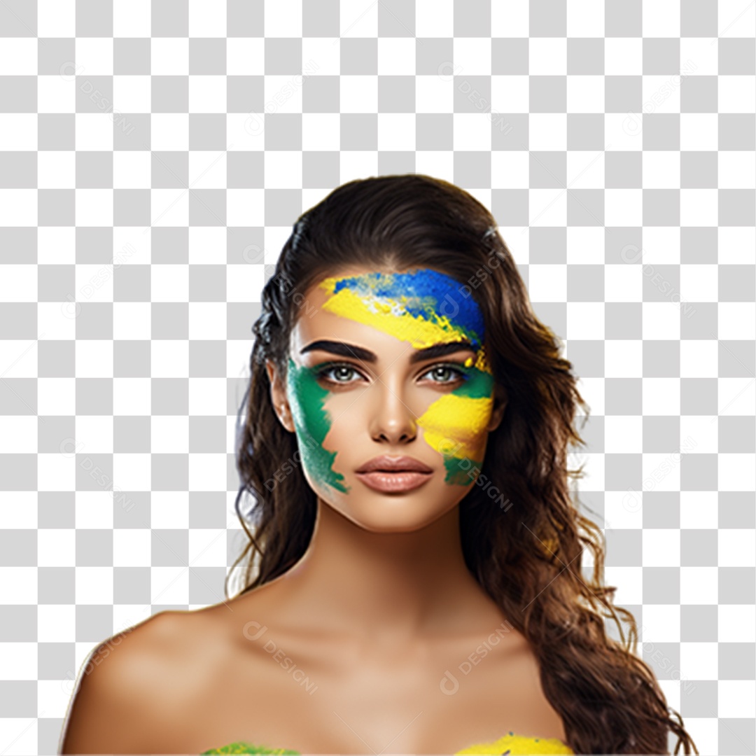 Mulher com o Rosto Pintado com Cores da Bandeira do Brasil PNG Transparente