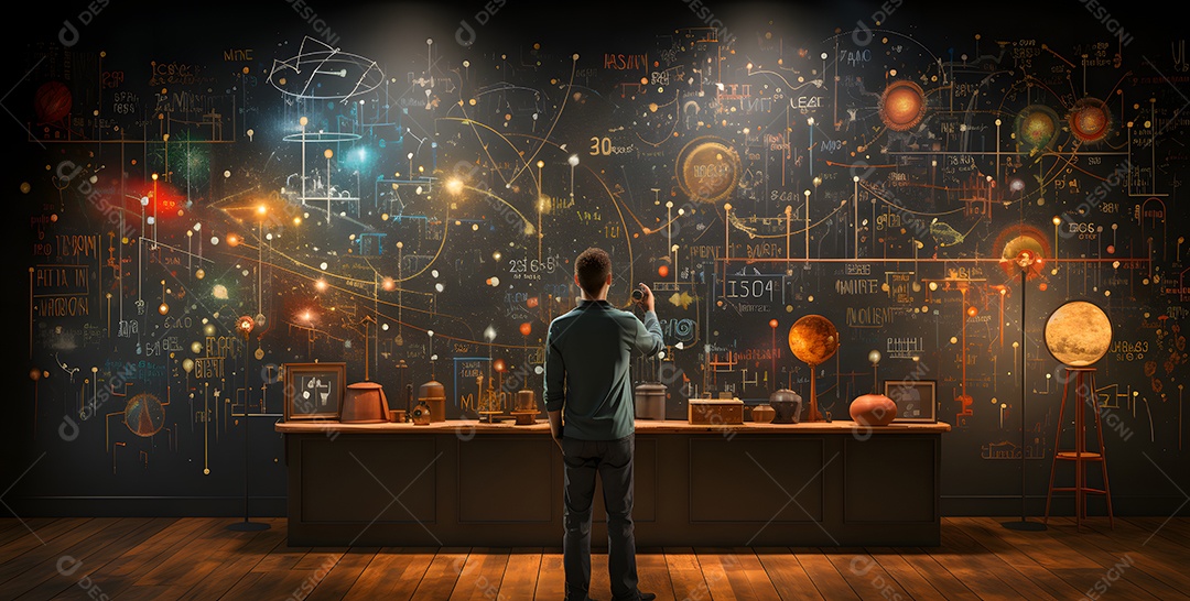 Homem professor olhando para anotações do quadro