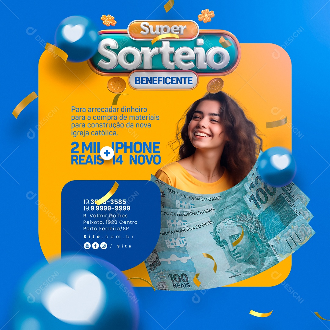 Social Media Super Sorteio Beneficente 2 Mil Iphone Reais 14 Novo PSD Editável