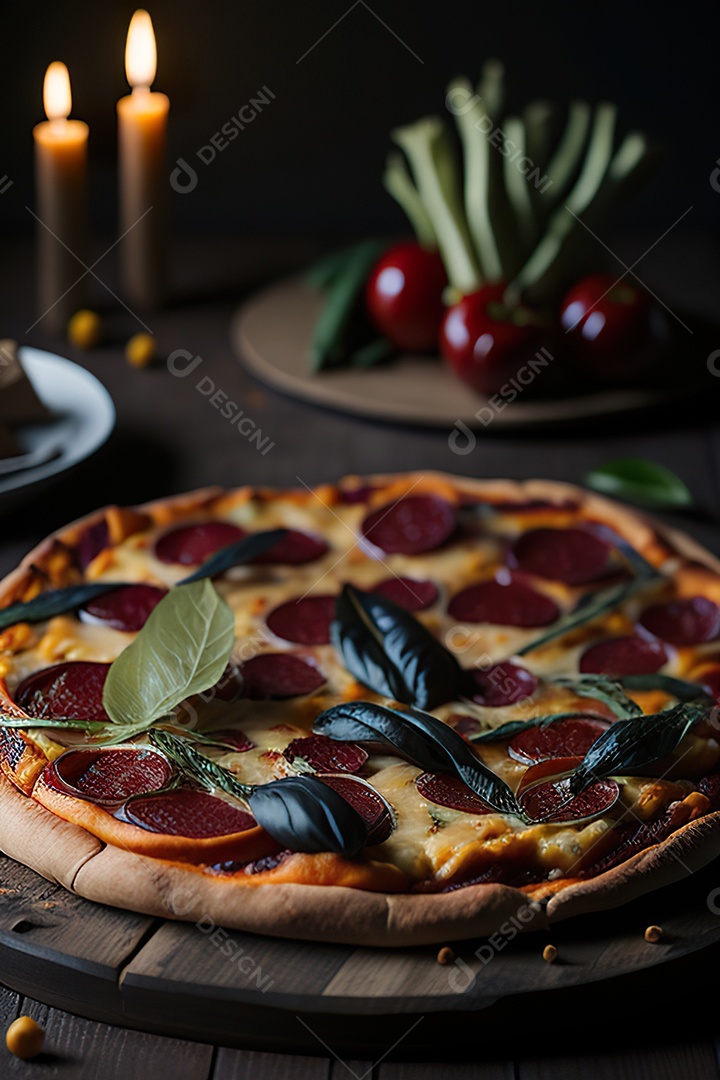 Imagem realista de pizza deliciosa sobre uma mesa de madeira